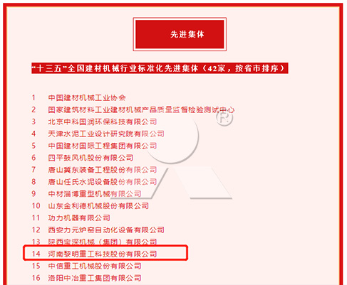 黎明重工榮獲“十三五”全國建材機械行業(yè)標(biāo)準(zhǔn)化先進(jìn)集體